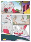 2019 ambiguous_gender attack barefoot black_claws bodily_fluids border claws clenched_teeth close-up colored comic day detailed_background digital_drawing_(artwork) digital_media_(artwork) digitigrade duo english_text exclamation_point facial_markings fangs feet feral fight forest front_view fur fur_markings generation_3_pokemon grass green_body green_skin half-closed_eyes head_markings hi_res imminent_vore jumping long_tail looking_at_another looking_back markings menacing_(disambiguation) motion_lines multiple_scenes narrowed_eyes nervous nintendo nude open_mouth outside paws pink_markings pink_sclera plant poison pokemon pokemon_(species) quadruped red_body red_fur s2-freak saliva semi-anthro serpentine seviper shaking shrub side_view signature sky standing surprise tail teeth text three-quarter_view tongue tree trembling tuft vore watermark white_body white_border white_fur wounded yellow_markings zangoose
