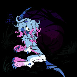 ambiguous_feral ambiguous_gender blue_claws blue_horn blue_tail blue_text claws detailed_background dialogue feet feral fur grass hair highlights_(coloring) horn lying multicolored_body multicolored_fur neck_tuft on_side open_mouth pink_body pink_feet pink_fur pink_hair pink_highlights plant pokemorph solo tail text tree tuft two_tone_body two_tone_fur wavy_hair white_body white_fur chatoyancy danganronpa nintendo pokemon spike_chunsoft nagito_komaeda absol generation_3_pokemon pokemon_(species) 1:1 2025 digital_drawing_(artwork) digital_media_(artwork) english_text full-length_portrait hi_res portrait