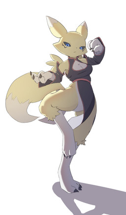3_fingers 3_toes barefoot blue_eyes bottomless bottomless_female breasts claws cleavage cleavage_cutout clothed clothing cutout dipstick_tail featureless_crotch feet female fingers fluffy fluffy_tail markings no_bra no_underwear pelvic_curtain simple_background skimpy solo tail tail_markings toes white_background narciv rokroc205 bandai_namco digimon canid digimon_(species) mammal renamon absurd_res hi_res