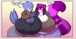 anthro beak big_breasts black_body black_feathers black_nose breasts cellphone cleavage clothed clothing dialogue duo electronics feathers female fur hair holding_object holding_phone huge_breasts hyper hyper_breasts long_hair nipple_outline non-mammal_breasts open_beak open_mouth phone purple_body purple_eyes purple_fur purple_hair red_eyes slightly_chubby tail text wide_hips jaeh busty_bird shina_(daigo) avian bird corvid corvus_(genus) crow mammal oscine passerine procyonid raccoon 2016 absurd_res english_text hi_res