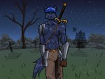 anthro armor blue_eyes blue_hair bodily_fluids cemetery hair male melee_weapon night pecs solo sword tears warrior weapon yopo9810 warrior_(yopo) canid canine canis mammal wolf 4:3 absurd_res digital_drawing_(artwork) digital_media_(artwork) hi_res