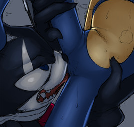 anthro black_body black_fur black_nose blue_body blue_eyes blue_fur bodily_fluids close-up crotch_shot duo featureless_crotch fur holding_leg holding_thigh licking licking_crotch male male/male null open_mouth sharp_teeth simple_background sweat teeth tongue tongue_out white_snout kalk427 sega sonic_forces sonic_the_hedgehog_(series) infinite_(sonic) sonic_the_hedgehog canid canine canis eulipotyphlan hedgehog jackal mammal 2021 digital_drawing_(artwork) digital_media_(artwork) shaded