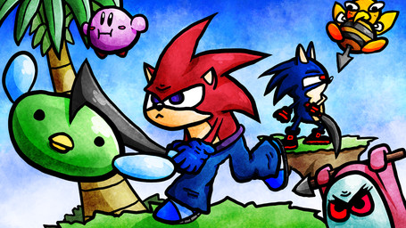 beak blue_body blue_fur blush frown fur green_body male mask melee_weapon pink_body polearm purple_eyes red_body red_eyes red_fur spear sword weapon tadiguess kirby_(series) nintendo sega sonic_the_hedgehog_(series) super_smash_bros. super_smash_flash wario_land blade_(ssf) blue_(ssf) kirby arthropod bee beezley eulipotyphlan glass_bird hedgehog hymenopteran insect mammal spear-mask 16:9 widescreen