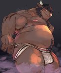 anthro belly brown_body clothing horn humanoid_hands jockstrap kemono male moobs nipples overweight overweight_anthro overweight_male solo underwear chisa_sa bovid bovine cattle mammal 2021 hi_res