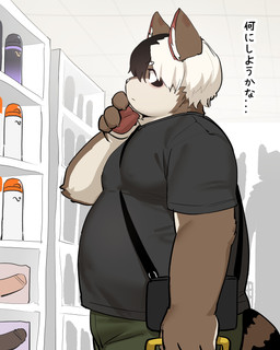 4_fingers anthro belly black_clothing black_hair black_shirt black_t-shirt black_topwear bottomwear brown_body brown_fur clothed clothing dildo fingers fur green_bottomwear green_clothing green_eyes green_shorts hair male messenger_bag moobs multicolored_body multicolored_fur multicolored_hair overweight overweight_anthro overweight_male pawpads penetrable_sex_toy sex_shop sex_toy shirt shopping shopping_basket shorts solo standing t-shirt tan_body tan_fur text topwear two_tone_body two_tone_fur two_tone_hair white_hair ssu_open kiku_(ssu_open) canid canine mammal raccoon_dog tanuki 2024 absurd_res hi_res japanese_text translation_request
