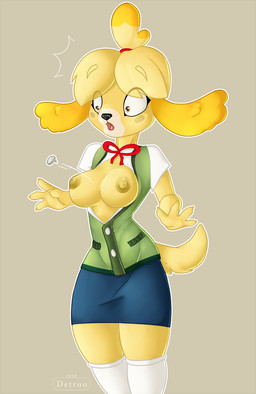 airborne_object anthro biped blonde_hair blush blush_stickers bottomwear bow_(feature) breasts brown_eyes button_(fastener) button_pop claws clothed clothing exposed_breasts eyebrow_through_hair eyebrows female front_view fur hair legwear monotone_bottomwear monotone_clothing monotone_skirt nipples open_clothing open_mouth open_shirt open_topwear plaid ribbons shirt short_hair simple_background skirt solo standing string_bow string_bow_tie surprised tan_background thigh_highs tied_hair topknot topwear translucent translucent_hair unbuttoned vest wardrobe_malfunction year yellow_body yellow_fur detruo animal_crossing nintendo isabelle_(animal_crossing) canid canine canis domestic_dog mammal shih_tzu toy_dog 2018 dated digital_media_(artwork) portrait three-quarter_portrait watermark