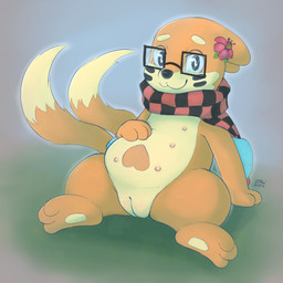 2_tails 3_fingers 3_toes 6_nipples anthro arm_fin black_markings black_nose black_scarf blue_fin blush body_blush eyewear facial_markings feet female fin fingers flower fur genitals glasses head_markings heart_(marking) heart_symbol looking_at_viewer markings multi_nipple multi_tail nipples orange_body orange_fur plant red_scarf scarf simple_background sitting slightly_chubby slightly_chubby_female smile smiling_at_viewer solo tail tail_tuft tan_body tan_fur toes tuft vulva vulva_blush zriartz nintendo pokemon buizel generation_4_pokemon pokemon_(species) 1:1 2025 hi_res signature