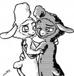 anthro butt duo female fur hug nude one_eye_closed smile wink wool_(fur) gerardson disney zootopia dawn_bellwether sharla_(zootopia) bovid caprine mammal sheep hi_res monochrome