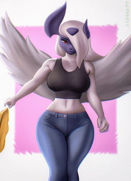 abs anthro athletic athletic_anthro athletic_female biceps big_breasts bottomwear breasts clothing crop_top denim denim_bottomwear denim_clothing eyelashes female fingers fur grey_body grey_fur hair hair_over_eye jeans long_hair looking_at_viewer midriff multicolored_body multicolored_fur navel one_eye_obstructed orange_eyes pants shirt simple_background solo text thick_thighs topwear two_tone_body two_tone_fur white_body white_fur white_hair wide_hips wings aozee nintendo pokemon generation_3_pokemon generation_6_pokemon mega_absol mega_evolution pokemon_(species) 2023 artist_name digital_drawing_(artwork) digital_media_(artwork) hi_res watermark