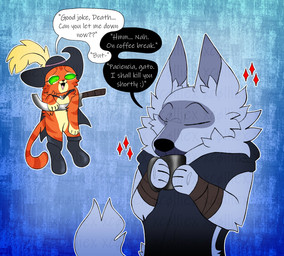 4_fingers against_surface against_wall anthro arm_tuft arm_wrapping arm_wraps beverage big_ears bodily_fluids boots cape cheek_tuft cloak clothing container cup dangling dangling_legs dialogue drinking duo ears_up elbow_tuft eyes_closed facial_markings facial_tuft fingers fluffy fluffy_tail footwear fur fuzzy green_eyes grey_body grey_fur hat head_markings headgear headwear holding_container holding_cup holding_mug holding_object looking_at_another male markings mask_(marking) mug neck_tuft nervous nervous_sweat open_mouth open_smile orange_body orange_fur outline pinned pinned_by_weapon pinned_to_wall pointy_ears poncho prick_ears question requesting shoes sickle size_difference smile sparkles speech_bubble standing suspended_by_weapon suspension sweat tail tears text trapped tuft weapon wrapped_arms wraps hakota dreamworks puss_in_boots_(franchise) death_(puss_in_boots) puss_in_boots_(dreamworks) canid canine canis domestic_cat felid feline felis mammal tabby_cat wolf english_text hi_res