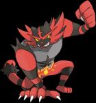 black_body black_fur claws fur green_eyes muscular red_body red_fur solo yellow_sclera alexalan nintendo pokemon felid generation_7_pokemon incineroar mammal pokemon_(species) alpha_channel