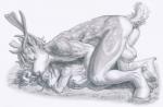 anthro anthro_on_anthro antlers arjuna balls big_balls breast_grab breasts butt deer duo female genitals hand_on_breast hooves horn male mammal nipples nude sex simple_background sketch traditional_media_(artwork) white_background