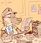 anthro breakfast clothed clothing container cup daddy_mug hat headgear headwear male mug solo text animancer coonix coati dasyurid dasyuromorph gulonine mammal marsupial marten mustelid musteline procyonid quoll yellow-throated_marten english_text hi_res father_(lore) parent_(lore)