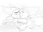 anthro cuddling duo eyewear female goggles happy hug male prosthetic prosthetic_arm prosthetic_limb romantic romantic_couple smile stripes whitestia ratchet_and_clank sony_corporation sony_interactive_entertainment ratchet_(ratchet_and_clank) rivet_(ratchet_and_clank) lombax mammal hi_res monochrome