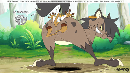 anthro black_hair brown_body brown_fur butt duo ear_piercing female forest fur hair male outside piercing plant rear_view text tree yellow_sclera potateymatey leena_(potateymatey) marley_(potateymatey) herpestid hyena mammal meerkat 2026 english_text hi_res