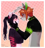 anthro antlers black_body black_eyebrows black_fur black_hair black_nose black_sclera black_stripes blush countershading duo eye_contact eyebrows eyes_closed female fur green_body green_fur hair horn kissing looking_at_another male male/female midriff nervous orange_body orange_fur orange_hair pink_body pink_fur ponytail purple_eyebrows red_body red_fur striped_body striped_fur stripes berside melunix deer felid mammal pantherine tiger 2d_animation animated hi_res motion_tweening no_sound short_playtime webm