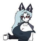 anthro beverage big_breasts black_clothing black_shirt black_tank_top black_topwear blush breasts cheek_tuft choker cleavage clothed clothing coffee_cup coffee_mug container cup eye_through_hair eyebrow_through_hair eyebrows facial_tuft female fur grey_body grey_fur grey_hair hair holding_beverage holding_coffee_cup holding_coffee_mug holding_container holding_cup holding_object huge_breasts jewelry looking_at_viewer multicolored_body necklace off_shoulder pointy_ears prick_ears pupils red_sclera shirt slit_pupils solo tank_top topwear translucent translucent_hair triangle_nose tuft two_tone_body white_body white_eyes white_fur pace-maker helluva_boss mythology loona_(helluva_boss) canid canid_demon canine demon hellhound mammal mythological_canine mythological_creature half-length_portrait portrait