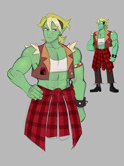 abs anime_style blonde_hair clothed clothing crop_top flannel hair male muscular muscular_male not_furry pecs pointy_ears shirt simple_background solo topwear underbite vest shy-shortcake drawfee_(copyright) drawtectives gyorik_rogdul humanoid mammal orc digital_media_(artwork) hi_res