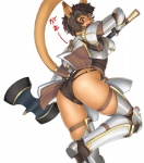accessory animal_humanoid armor axe boob_armor bracers breastplate breasts brown_eyes brown_hair butt camel_toe cat_humanoid clothing double_bitted_axe fangs felid felid_humanoid feline feline_humanoid female final_fantasy final_fantasy_xi furgonomics gochou greaves hair headband humanoid japanese_text leather leather_armor looking_back low-angle_view mammal mammal_humanoid melee_weapon mithra open_mouth panties rear_view short_hair simple_background solo square_enix tail tail_accessory tailband teeth text thong unconvincing_armor underwear weapon white_background