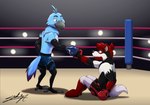 anthro bottomwear boxing clothing duo gloves handwear male shorts sport sagadreams avian bird canid canine canis mammal wolf hi_res