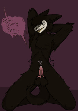 andromorph animal_genitalia anthro armpit_hair balls big_balls black_body black_fur bodily_fluids body_hair cum ejaculation eye_contact fur genital_fluids genitals intersex knot knot_in_sheath knotted_penis looking_at_another male male/male masturbation penile penile_masturbation penis sheath skinny solo spread_legs spreading tail tucked_tail canid canine canis domestic_dog humanoid mammal