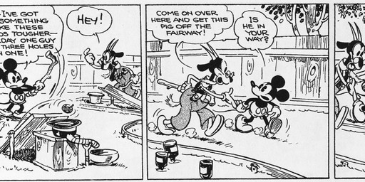 ambiguous_gender anthro bottomwear clothed clothing dialogue eyewear feral footwear glasses gloves group handwear horn male motion_lines open_mouth outside pants plant shoes tail teeth text tree trio walking floyd_gottfredson hardie_gramatky disney public_domain mickey_mouse bovid caprine domestic_pig goat mammal mouse murid murine rodent suid suine sus_(pig) 1930 20th_century absurd_res ancient_art dated hi_res long_image monochrome wide_image