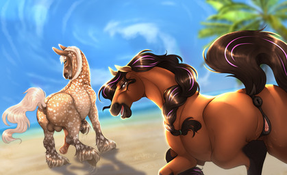 animal_genitalia animal_penis animal_vulva anus balls beach black_anus black_vulva bodily_fluids braided_mane brown_body brown_fur brown_hair butt clitoral_winking clitoris duo equine_anus equine_genitalia equine_penis equine_vulva feathering female feral fur genital_fluids genitals hair hooves looking_at_viewer looking_back looking_back_at_viewer male markings open_mouth outside penis precum precum_string puffy_anus raised_tail seaside sky spots spotted_body spotted_fur tail teasing vaginal_fluids vulva huskii-s dreki_(skuggamul) skugga_(skuggamul) draft_horse draft_mule equid equine horse hybrid mammal mule hi_res