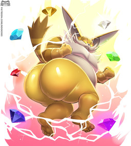 anthro big_butt bubble_butt butt butt_focus chaos_emerald clothing electricity feet fur gem glistening glistening_body gloves gradient_background handwear long_ears male nude nude_anthro nude_male overweight overweight_anthro overweight_male power-up simple_background solo tail yellow_body yellow_eyes yellow_fur el_booki sega sonic_the_hedgehog_(series) big_the_cat super_big domestic_cat felid feline felis mammal hi_res