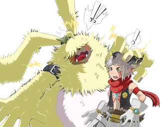 anthro clothing duo electrocution fur gloves hair hair_over_eyes handwear horn humanoid_pointy_ears humor long_ears male pointy_ears ponytail_ears scarf shocked white_hair yellow_body yellow_fur portugueselynx bandai_namco digimon aegiomon angoramon digimon_(species) humanoid lagomorph leporid mammal rabbit satyr