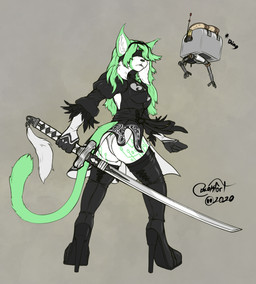 anthro appliance blindfold boots bottomwear bread butt butt_pose clothing cosplay costume female food footwear fur green_body green_fur green_markings high_heeled_boots high_heels kitchen_appliance legwear machine markings melee_weapon pose shoes simple_background skirt solo sword thigh_boots thigh_highs toaster weapon white_body white_fur blokfort nier_automata platinumgames eile pod_042 yorha_2b android felid feline lynx mammal robot 2020