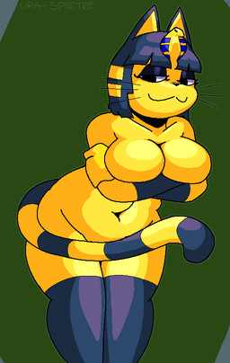 :3 anthro bedroom_eyes big_breasts black_eyes black_nose blonde_hair blue_body blue_fur blue_hair breast_rest breasts convenient_censorship covering covering_crotch crossed_arms deep_navel egyptian female fur hair half-closed_eyes headdress humanoid_pointy_ears multicolored_hair multicolored_tail narrowed_eyes navel pointy_ears seductive slightly_chubby smile solo tail two_tone_hair uraeus whiskers yellow_body yellow_fur ura-spectre animal_crossing nintendo ankha_(animal_crossing) domestic_cat felid feline felis mammal aliasing digital_media_(artwork)