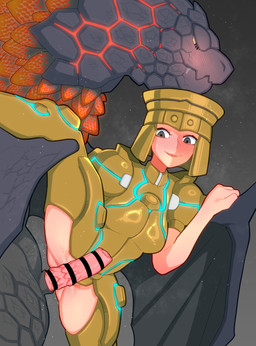 animal_genitalia armor bestiality blush blush_lines bodily_fluids breasts censor_bar censored_genitalia censored_penis closed_smile clothed clothed_female clothed_human clothing drooling duo erection eyelashes female female_human feral fingers flesh_fang flexible genitals gold_(metal) gold_armor gold_helmet grey_body grey_eyes grey_sheath grey_wings headgear helmet human_on_feral imminent_sex ineffective_censorship interspecies larger_feral larger_male lava lips looking_at_genitalia looking_at_penis looking_down looking_down_at_genitalia looking_down_at_partner looking_down_at_penis male male/female male_feral medium_breasts membrane_(anatomy) membranous_wings mouth_closed multicolored_body on_one_leg one_leg_up orange_body penile_spines penis pink_lips pink_penis pupils raised_leg rock saliva sheath size_difference smaller_female smaller_human smile smoke snout splits spread_legs spreading standing tan_sclera urethra vertical_splits wing_grab wings yuuri_splatoon capcom monster_hunter bazelgeuse elemental_creature flying_wyvern human mammal mineral_fauna rock_creature 2026 censored hi_res