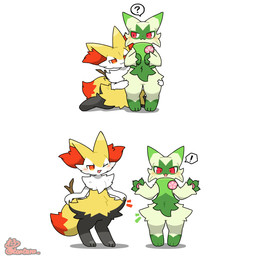 ambiguous_gender anthro biped black_body black_fur blush bottomwear clothing duo front_view fur green_body green_fur hip_fluff hip_tuft inner_ear_fluff one_eye_closed open_mouth open_smile orange_body orange_fur pawpads question_mark red_eyes shadow skirt smile speech_bubble tail tuft white_body white_fur yellow_body yellow_fur tontaro nintendo pokemon braixen canid felid floragato generation_6_pokemon generation_9_pokemon mammal pokemon_(species) 1:1 animated animated_gif short_playtime