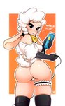 2017 accessory anthro armwear bovid breasts butt caprine clothing cowbell dialogue digital_media_(artwork) domestic_sheep droopy_(series) english_text female fur garter hi_res holding_object leggy_lamb legwear looking_at_viewer looking_back mammal metro-goldwyn-mayer razor rear_view secretly_saucy shaded sheep sheep_wrecked solo text tools wool_(fur)