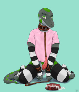 accessory animal_genitalia animal_penis anthro bdsm bodily_fluids bondage bound bowl chain claws clothing collar container cuff_(restraint) cum cum_in_bowl cum_in_container erection genital_fluids genital_slit genitals iron leash legwear looking_at_viewer male paws penis pet_bowl restraints shirt simple_background slave smile solo spots stockings t-shirt text topwear wrist_cuffs drake239 lizard reptile scalie 2020 digital_media_(artwork) english_text hi_res