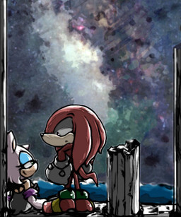 anthro big_eyes big_head clothed clothing column detailed_background duo female fur male outside ruins sea seascape sitting sky smile standing tail toony water urahyu sega sonic_the_hedgehog_(series) knuckles_the_echidna rouge_the_bat bat mammal 5:6 digital_media_(artwork)