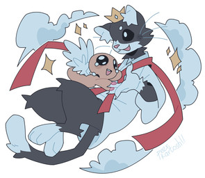 ambiguous_anthro ambiguous_gender anthro barefoot beady_eyes biped black_body black_ears black_eyes black_fur black_tail bodily_fluids carrying_another circle_eyebrows claws clothed clothing cloud crown crying dipstick_tail duo eyebrows feathered_wings feathers feet finger_claws fingerpads fully_clothed fur gloves_(marking) happy headgear humanoid_hands inner_ear_fluff larger_ambiguous larger_anthro leg_markings looking_at_another markings multicolored_body multicolored_fur multicolored_tail nude open_mouth open_smile pawpads pink_nose robe side_view simple_background size_difference smaller_ambiguous smaller_human smile socks_(marking) stole_(clothing) tail tail_markings tears tears_of_joy tuft two_tone_body two_tone_fur two_tone_tail whiskers white_background white_body white_claws white_clothing white_fur white_inner_ear white_inner_ear_fluff white_robe white_tail white_tail_tip wings young young_ambiguous young_human peerkartosh mewgenics the_binding_of_isaac_(series) isaac_(tboi) the_destroyer_(mewgenics) angel domestic_cat felid feline felis human mammal 2026 colored digital_media_(artwork) flat_colors full-length_portrait hi_res portrait signature