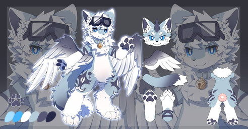 4_fingers anthro bell bell_collar biped black_markings black_pawpads blue_eyes blush blush_lines chest_tuft collar eyewear eyewear_on_head fingers fur goggles goggles_on_head horn inner_ear_fluff kemono male markings multicolored_body multicolored_fur pawpads paws solo teal_body teal_fur tuft white_body white_fur wings hlg7777 2026 cel_shading chinese_description digital_drawing_(artwork) digital_media_(artwork) full-length_portrait model_sheet portrait shaded translated_description