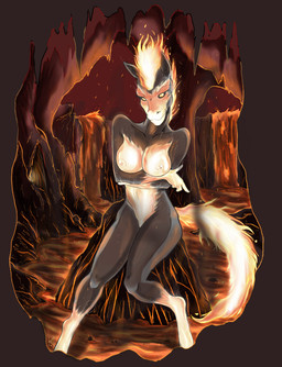 amber_eyes anthro areola biped breasts cave female fire flaming_hair flaming_mane hell lava molten nipples nude pseudo_hair pseudo_mane rock sitting solo tail underground yellow_eyes conditional_dnp kadath demon equid mammal nightmare_(species) digital_media_(artwork)