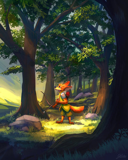 3_toes anthro arrow_(weapon) barefoot biped black_nose bottomwear bow_(weapon) brown_eyes cheek_tuft clothed clothing cloud detailed_background ears_back facial_tuft feet forest fully_clothed fur gloves_(marking) grass head_tuft holding_object hunter leaf leg_markings light looking_up male markings moss outside pivoted_ears plant plantigrade quiver_(object) ranged_weapon rock shadow shorts sky socks_(marking) solo spread_legs spreading standing sunlight text toes tree tuft weapon whisker_spots jacato canid canine fox mammal 2020 absurd_res character_request digital_media_(artwork) digital_painting_(artwork) english_text hi_res painting_(artwork) signature