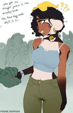 anthro bell bell_collar big_breasts biped blue_clothing blue_shirt blue_tank_top blue_topwear bottomwear breasts clothing collar countershading ear_piercing ear_ring embarrassed female gesture green_bottomwear green_clothing green_pants group handshake horn navel nipple_outline pants piercing ring_piercing shirt smile solo_focus tan_body tank_top text topwear uncomfortable yellow_eyes conditional_dnp pudgeruffian kody_(pudgeruffian) bovid caprine goat mammal absurd_res artist_name digital_media_(artwork) english_text hi_res