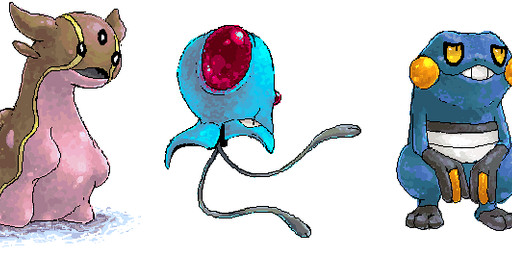 ambiguous_gender anthro dewlap_(anatomy) feral group gular_sac simple_background white_background spring_bane nintendo pokemon amphibian aquatic croagunk gastrodon gastropod generation_1_pokemon generation_4_pokemon mollusk pokemon_(species) tentacool west_sea_gastrodon