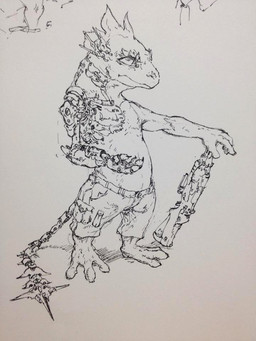 anthro bottomwear clothed clothing cybernetic_arm cybernetic_limb cybernetic_tail cybernetics gun machine male mechanical_arm pants ranged_weapon rifle scales shorts simple_background solo tail weapon neungsonie ecko_(neungsonie) lizard reptile scalie 3:4 sketch