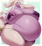 anthro areola big_breasts bikini biped bodily_fluids breasts clothed clothing eyewear female glasses heart_symbol huge_breasts obese obese_anthro obese_female open_mouth open_smile overweight overweight_anthro overweight_female pregnant pregnant_anthro pregnant_female purple_areola purple_body smile solo sweat swimwear thick_thighs two-piece_swimsuit berseepon09 nintendo pokemon generation_6_pokemon goodra pokemon_(species) hi_res