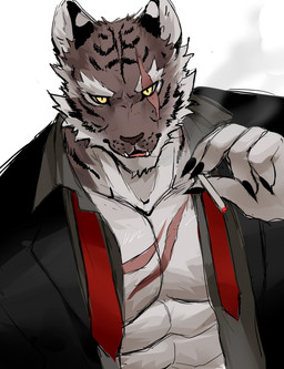 abs anthro black_nails brown_body brown_fur cigarette clothed clothing colored_nails countershading eye_scar facial_scar fingernails fur looking_at_viewer male muscular muscular_male nails necktie open_clothing open_shirt open_topwear pecs scar sharp_nails shirt solo topwear yellow_eyes chung0_0 felid mammal pantherine tiger 2019 hi_res