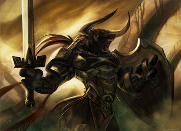 3_fingers angry armor black_body black_fur dust fingers fur holding_melee_weapon holding_object holding_sword holding_weapon horn male melee_weapon muscular muscular_male open_mouth outside plate_armor shield shoulder_guards solo sword teeth tongue vambrace weapon brianvadell european_mythology greek_mythology mythology bovid bovine mammal minotaur