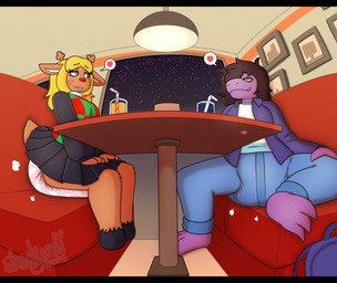 3_toes ambiguous_gender anthro antlers backpack barefoot bendy_straw beverage black_bottomwear black_clothing black_eyeliner black_hooves black_skirt blonde_hair blue_backpack blue_bottomwear blue_clothing blue_jeans blue_pants blush blush_lines bottomwear breasts brown_antlers brown_body brown_ears brown_fur brown_hair brown_tail buckteeth candy ceiling_lamp checkered checkered_clothing checkered_sweater checkered_topwear clean_diaper clothed clothing coat container cup denim denim_bottomwear denim_clothing dessert diaper diaper_puff diaper_under_clothing diner drinking_straw duo earless ears_down eye_contact eyelashes eyeliner feet fisheye_lens food freckles fur furniture glass glass_container glass_cup gum hair half-closed_eyes hands_in_lap heart_symbol hooves horn inner_ear_fluff inside jeans lamp leaning leaning_backward long_hair looking_at_another love low-angle_view makeup narrowed_eyes night pants pattern_clothing pattern_sweater pattern_topwear perspective photo pivoted_ears purple_body purple_clothing purple_coat purple_topwear red_chair red_nose red_table restaurant shirt sitting sitting_on_diaper skirt smile speech_bubble star striped_diaper sweater table tail teeth text toes topwear tuft wearing_diaper white_inner_ear_fluff window yellow_sclera yellow_teeth shadyadi deltarune undertale_(series) noelle_holiday susie_(deltarune) deer mammal monster new_world_deer reindeer reptile scalie 2026 artist_name hi_res letterbox signature female_(lore)