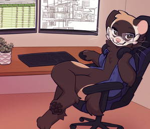 anthro bottomless brown_body brown_eyes brown_fur brown_pawpads cheek_tuft chest_tuft clothed clothing electronics eyewear facial_tuft fur gaming_chair glasses headphones inside looking_at_viewer male markings monitor open_clothing open_shirt open_topwear pawpads pink_nose plant shirt short_tail sitting smile smiling_at_viewer solo tail tan_markings topwear tuft wearing_glasses whiskers shiones fenrir_the_ferret domestic_ferret mammal mustelid musteline true_musteline weasel 2024 colored digital_drawing_(artwork) digital_media_(artwork) hi_res shaded simple_shading