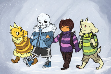 backpack bone clothing group happy hoodie male pattern_clothing skeleton smile snow striped_clothing stripes topwear walking wickedcandle undertale undertale_(series) asriel_dreemurr frisk_(undertale) monster_kid sans_(undertale) animated_skeleton boss_monster_(undertale) bovid caprine goat human humanoid lizard mammal reptile scalie undead