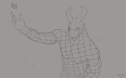 abs anthro cheek_spikes claws clothed clothing duo eyewear facial_spikes finger_claws fishnet_clothing fishnet_topwear flower glasses grass male muscular muscular_anthro muscular_male open_mouth outside pecs plant solo_focus spikes spikes_(anatomy) topwear aduran arthropod butterfly insect lepidopteran scalie 2023 absurd_res dated hi_res monochrome signature